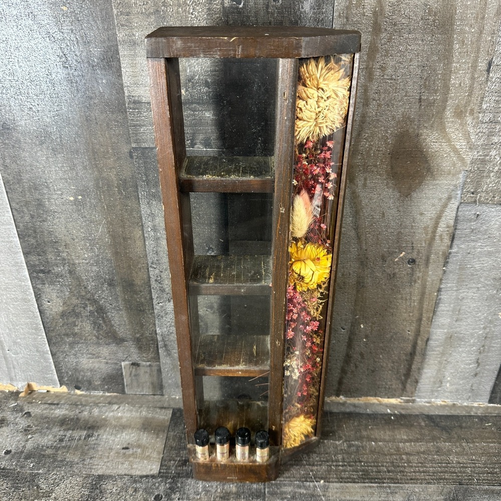VTG Wooden Wall Display Shelf Rustic Country - Dried Floral Display w/ Vials #3